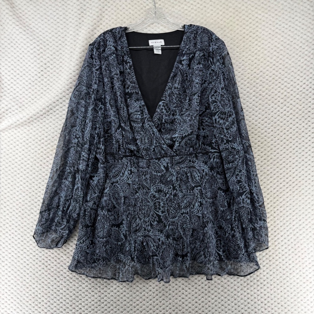 Avenue Top Black Blue Floral Silk Blouse‎ Babydoll Plus Size 26/28 Long Sleeve